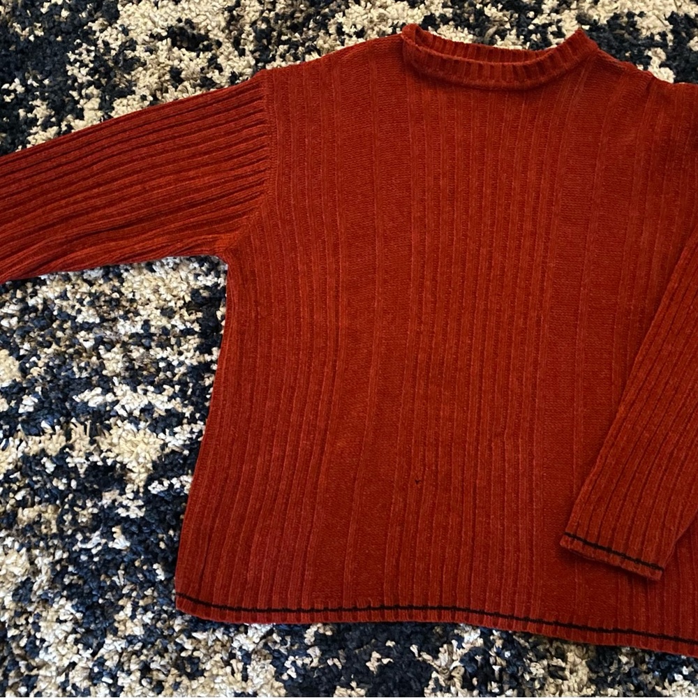 Cozy Red Turtleneck Sweater with Vertical Ribbing
